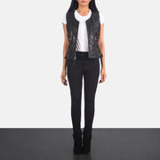 Women's Vanda Svart Leather Biker Vest for Kvinner - Lateral Side Profile View Showing Sleeve Cut &amp; Athletic Taper Fit