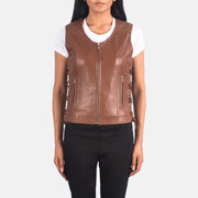 Women's Vanda Brun Leather Biker Vest for Kvinner in Brown Sheepskin Leather - Front Profile View &amp; Tailored Silhouette | Buy Online