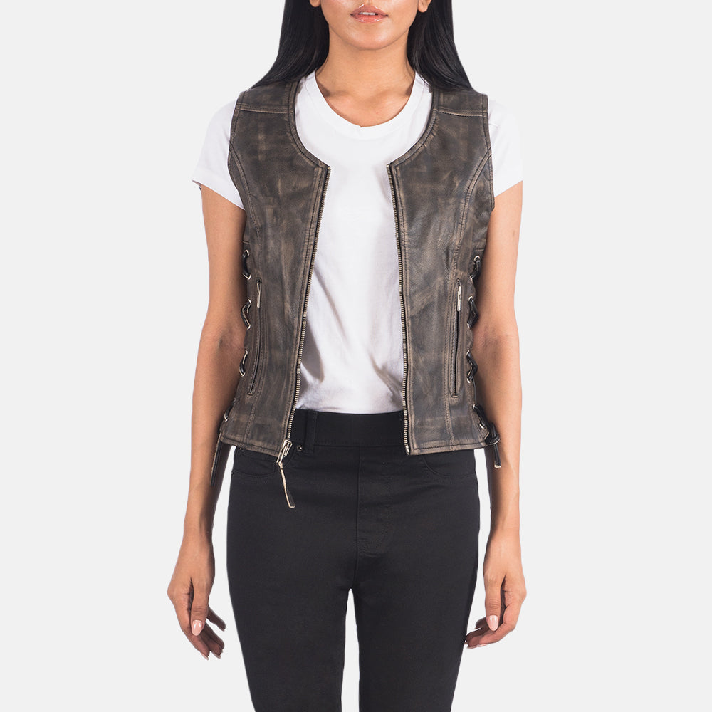 
Vanda Distressed Brown Leather Biker Vest in Distressed Brown Goatskin Leather - Front Profile View & Tailored Silhouette | Buy Online