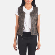 
Vanda Distressed Brown Leather Biker Vest in Distressed Brown Goatskin Leather - Front Profile View & Tailored Silhouette | Buy Online