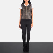 
Vanda Distressed Brown Leather Biker Vest - Lateral Side Profile View Showing Sleeve Cut & Athletic Taper Fit