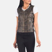 
Close-Up Detail of V-neck & Zipper Hardware on Vanda Distressed Brown Leather Biker Vest