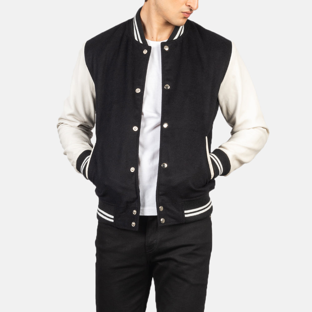 Men's Vaxton Svart &amp; White Hybrid Varsity Skinnjakke for Herre in Black &amp; White Sheepskin Leather - Front Profile View &amp; Tailored Silhouette | Buy Online