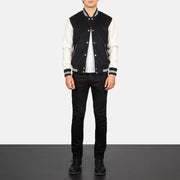 Men's Vaxton Svart &amp; White Hybrid Varsity Skinnjakke for Herre - Lateral Side Profile View Showing Sleeve Cut &amp; Athletic Taper Fit
