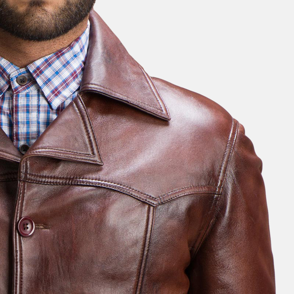 
Vincent Alley Brown Leather Jacket - Lateral Side Profile View Showing Sleeve Cut & Athletic Taper Fit