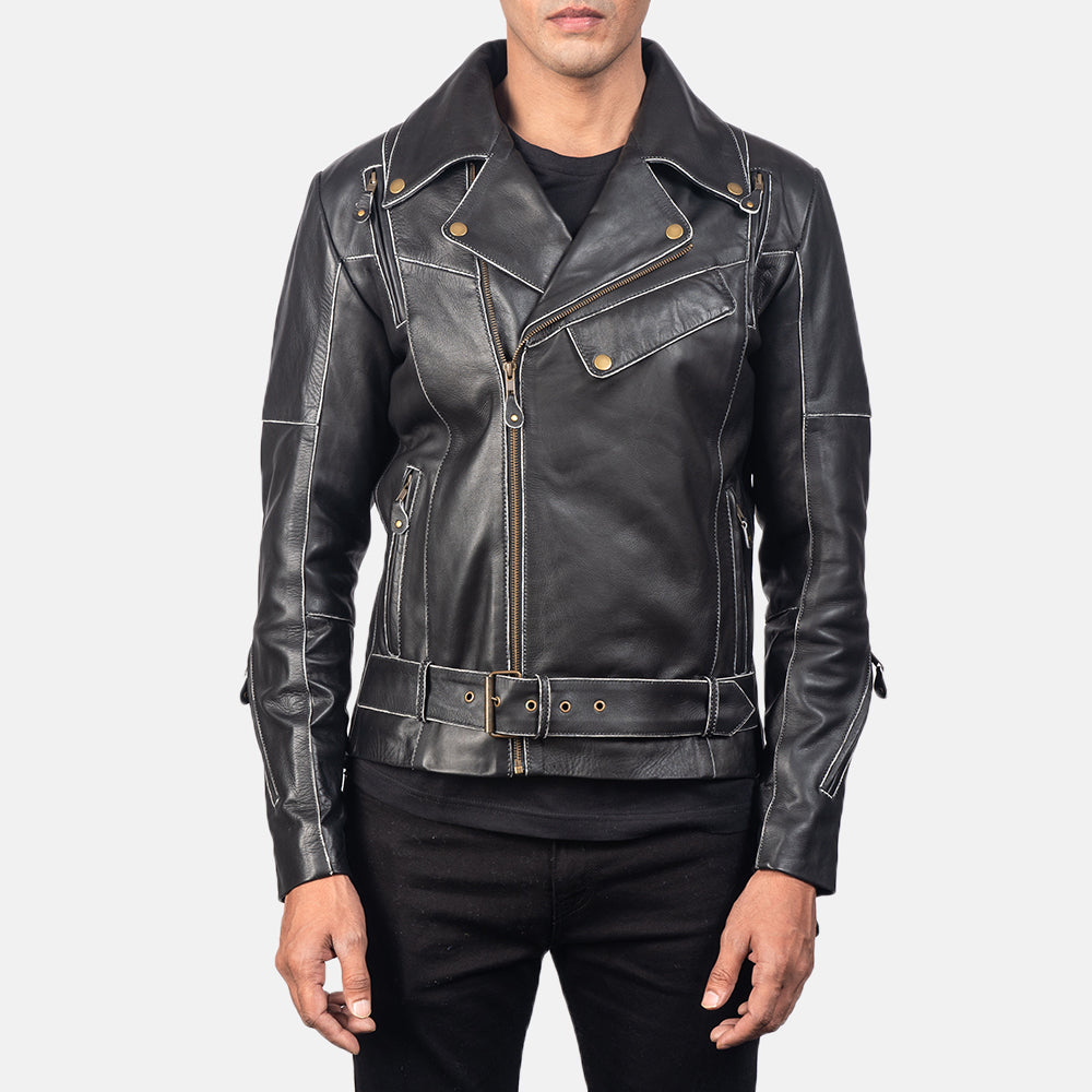 Men's Vincent Black Leather Biker Jacket in Distressed Black Cow Hide Leather - Front Profile View &amp; Tailored Silhouette | Buy Online