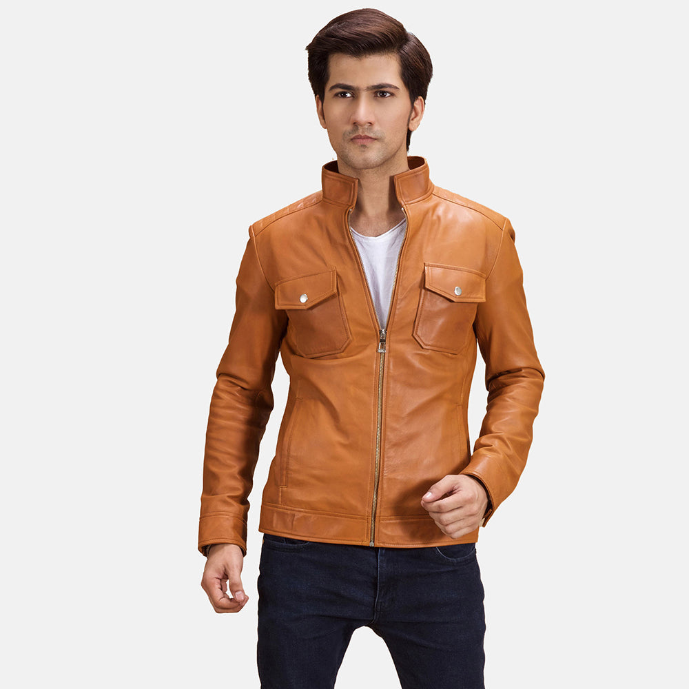Voltex Lys brun Bikerjakke i Skinn for Herre in Tan Brown Sheepskin Leather - Front Profile View &amp; Tailored Silhouette | Buy Online