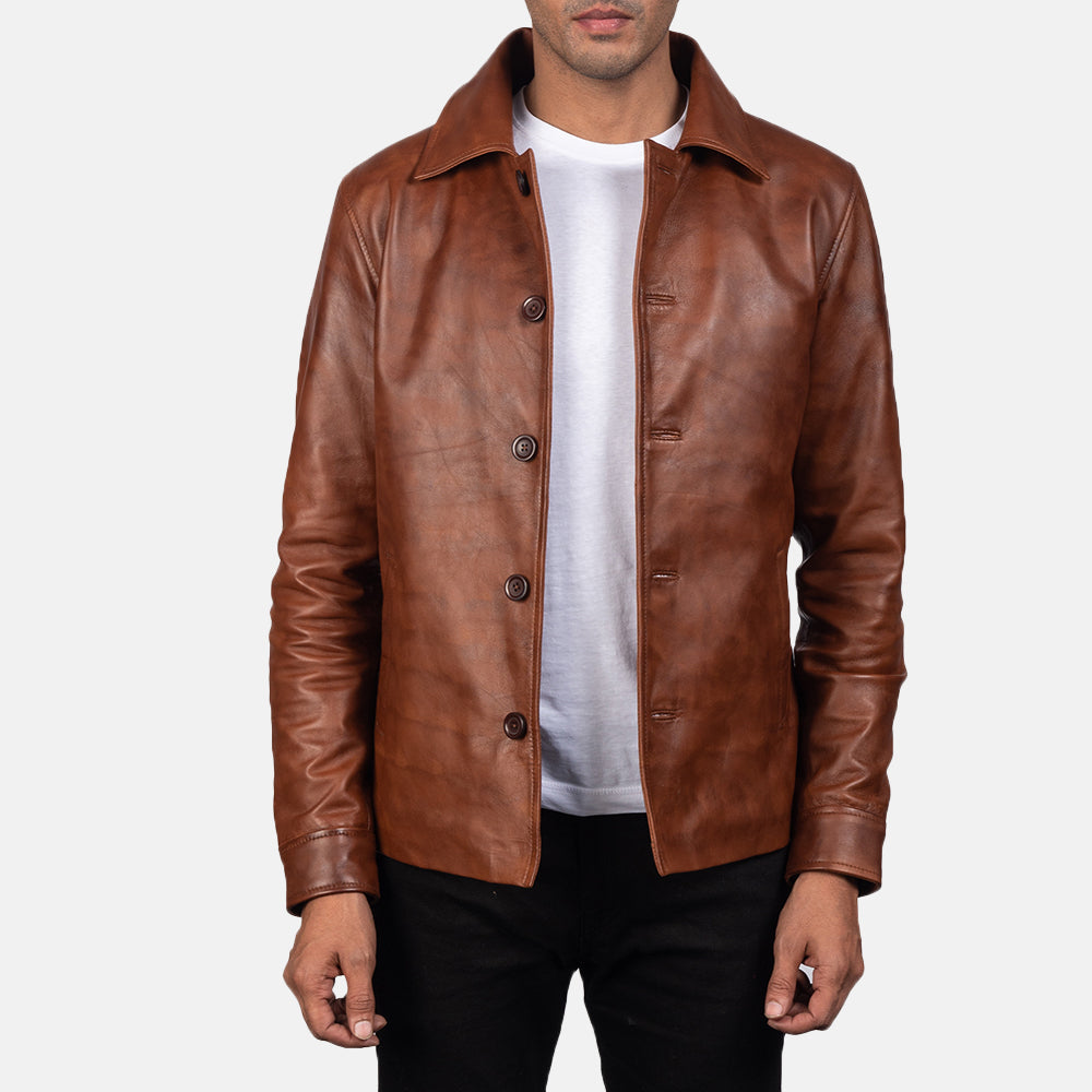 Waffle Brun Skinnjakke for Herre in Distressed Brown Sheepskin Burnishing - Front Profile View &amp; Tailored Silhouette | Buy Online