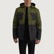 
Wayne Black & Green Hooded Puffer Jacket in Black + Green Full-Grain Leather - Front Profile View & Tailored Silhouette | Buy Online