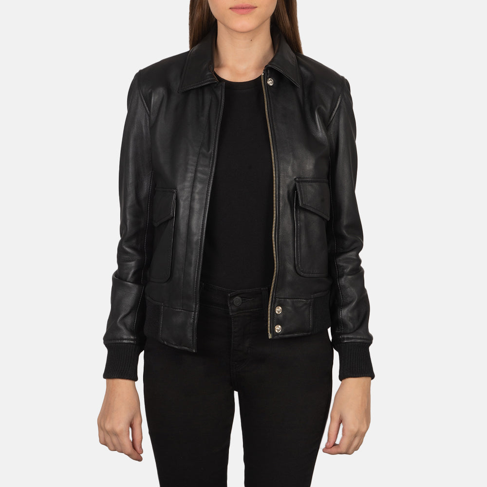 
Westa A-2 Black Leather Bomber Jacket in Black Sheepskin Leather - Front Profile View & Tailored Silhouette | Buy Online