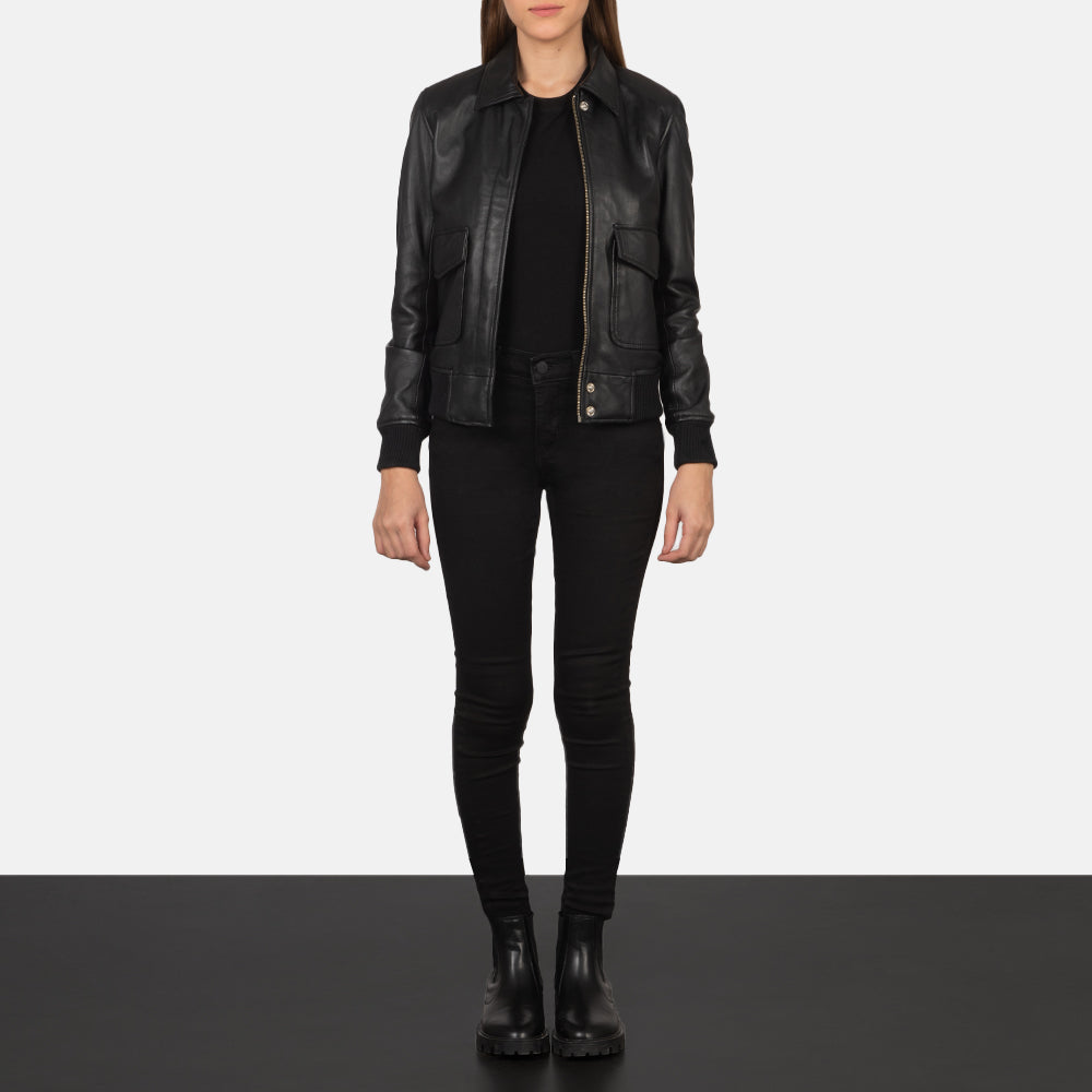 
Westa A-2 Black Leather Bomber Jacket - Lateral Side Profile View Showing Sleeve Cut & Athletic Taper Fit