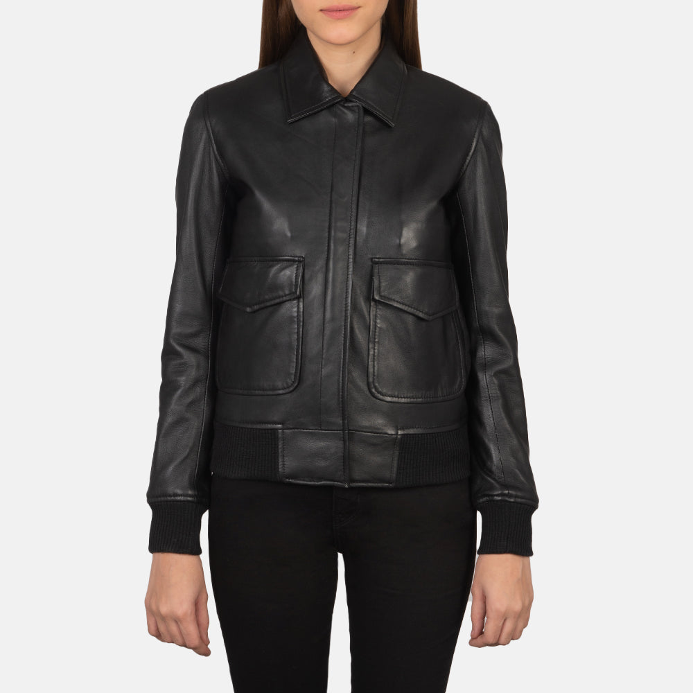 
Close-Up Detail of Shirt & Zipper with Button Flap Hardware on Westa A-2 Black Leather Bomber Jacket