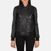 
Close-Up Detail of Shirt & Zipper with Button Flap Hardware on Westa A-2 Black Leather Bomber Jacket