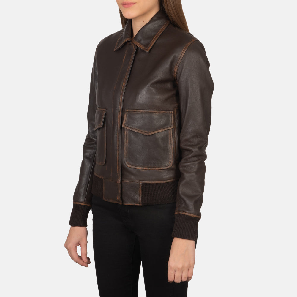 
Styled Fit Perspective of Westa A-2 Black Leather Bomber Jacket on Model - Natural Daylight Drape