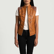 
Westina Tan Dye Leather Vest - Lateral Side Profile View Showing Sleeve Cut & Athletic Taper Fit