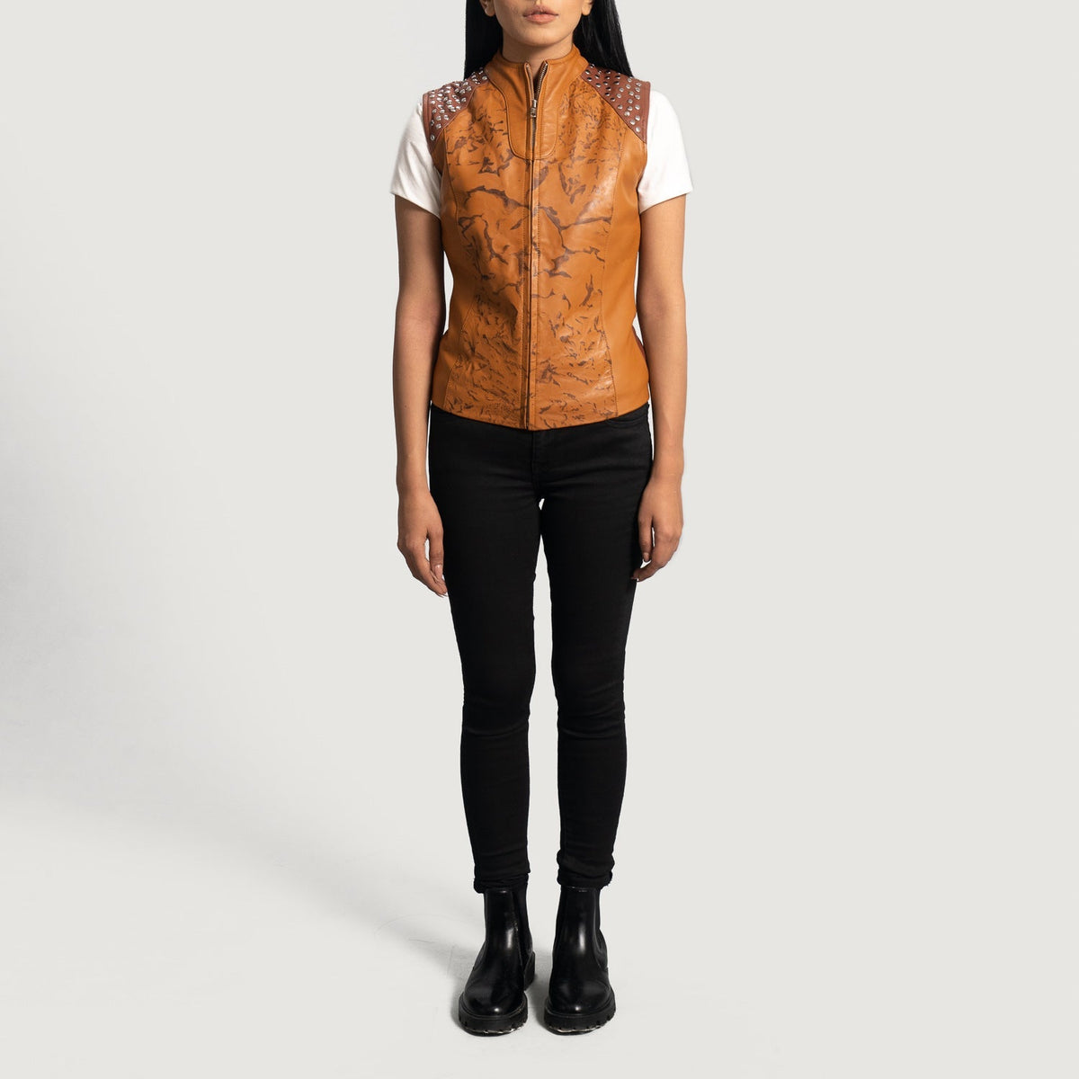 
Close-Up Detail of Classic Collar & Zipper Hardware on Westina Tan Dye Leather Vest