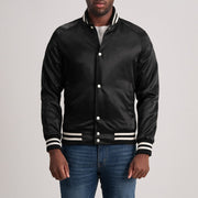 Xander Svart Varsity Skinnjakke for Herre in Black Satin - Front Profile View &amp; Tailored Silhouette | Buy Online