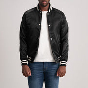 Xander Svart Varsity Skinnjakke for Herre - Lateral Side Profile View Showing Sleeve Cut &amp; Athletic Taper Fit