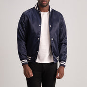 Xander Blue Varsity Skinnjakke for Herre - Lateral Side Profile View Showing Sleeve Cut &amp; Athletic Taper Fit