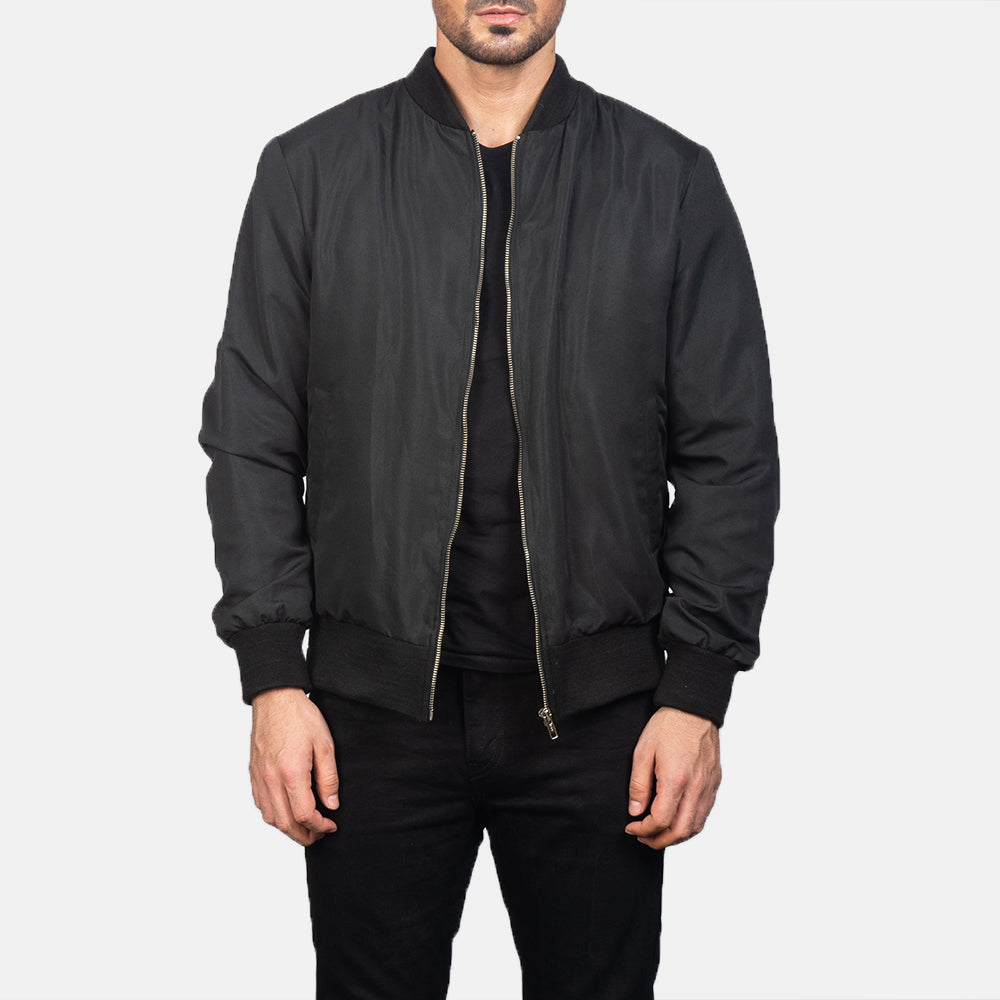 Men's Zack Svart Bomberjakke i Skinn for Herre in Black Polyester - Front Profile View &amp; Tailored Silhouette | Buy Online