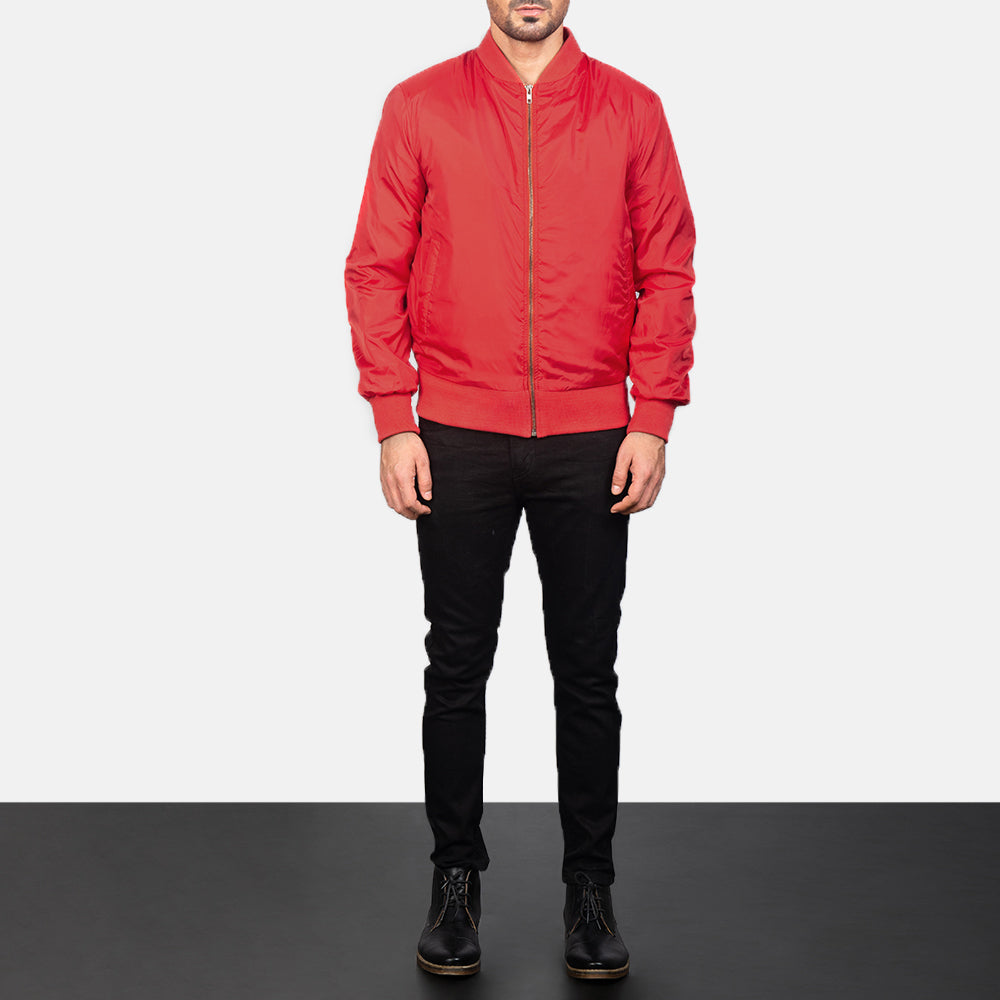 Men's Zack Red Bomberjakke i Skinn for Herre - Lateral Side Profile View Showing Sleeve Cut &amp; Athletic Taper Fit