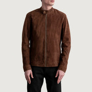 
Zen Brown Suede Biker Jacket - Lateral Side Profile View Showing Sleeve Cut & Athletic Taper Fit