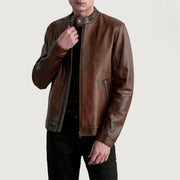 Zen Distressed Brun Bikerjakke i Skinn for Herre in Distressed Brown Sheepskin Leather - Front Profile View &amp; Tailored Silhouette | Buy Online