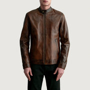 Zen Distressed Brun Bikerjakke i Skinn for Herre - Lateral Side Profile View Showing Sleeve Cut &amp; Athletic Taper Fit
