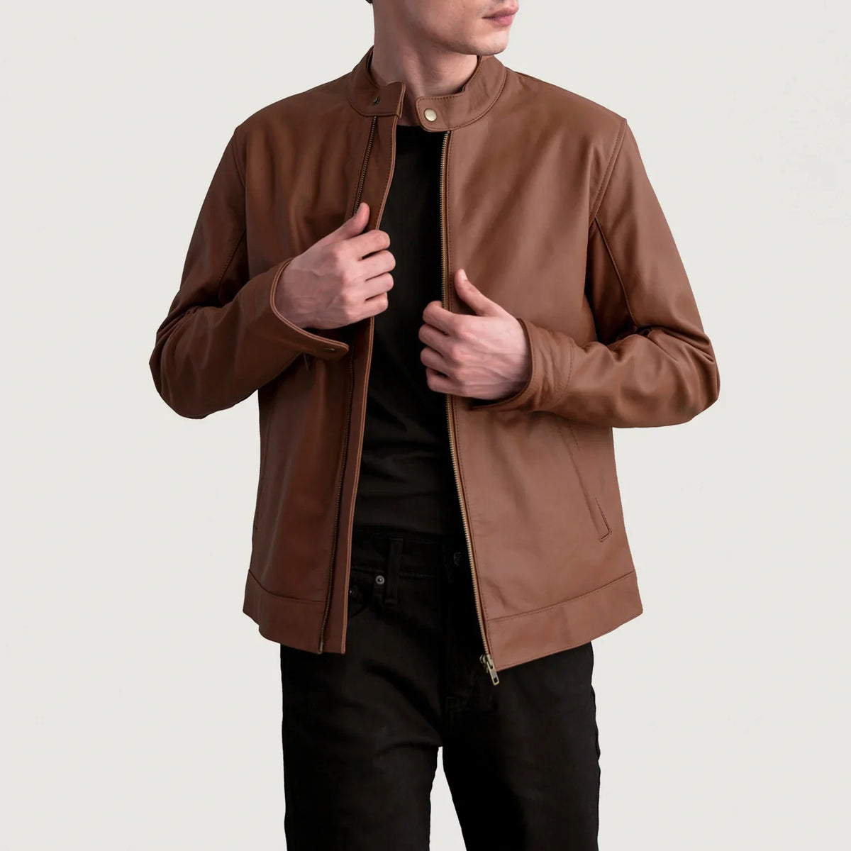 Zen Matte Brun Bikerjakke i Skinn for Herre in Matte Brown Cowhide Leather - Front Profile View &amp; Tailored Silhouette | Buy Online