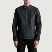 Zen Tumbled Svart Bikerjakke i Skinn for Herre in Tumbled Black Sheepskin Leather - Front Profile View &amp; Tailored Silhouette | Buy Online