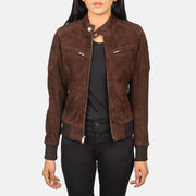 
Zenna Mocha Suede Bomber Jacket in Brown Goat Suede - Front Profile View & Tailored Silhouette | Buy Online