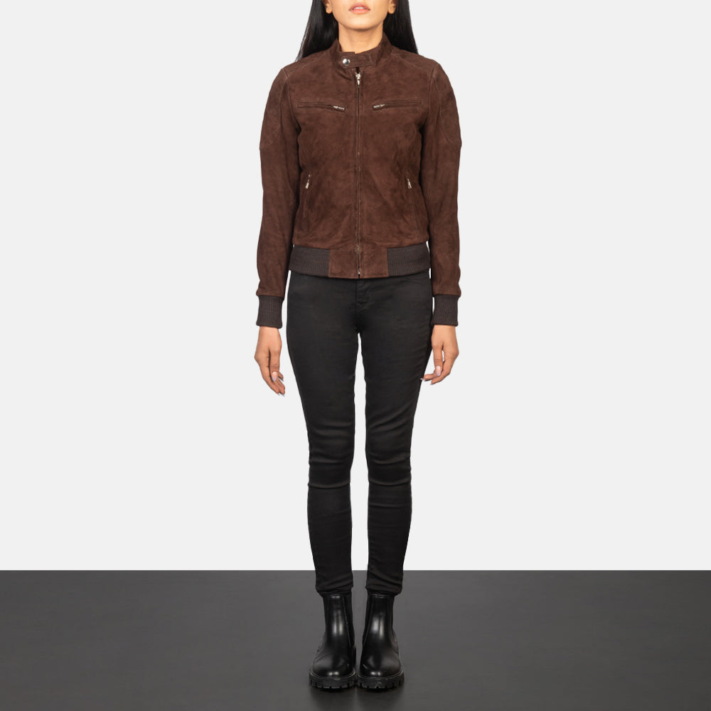 
Zenna Mocha Suede Bomber Jacket - Lateral Side Profile View Showing Sleeve Cut & Athletic Taper Fit