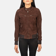 
Close-Up Detail of Band with Snap Button & Zipper Hardware on Zenna Mocha Suede Bomber Jacket